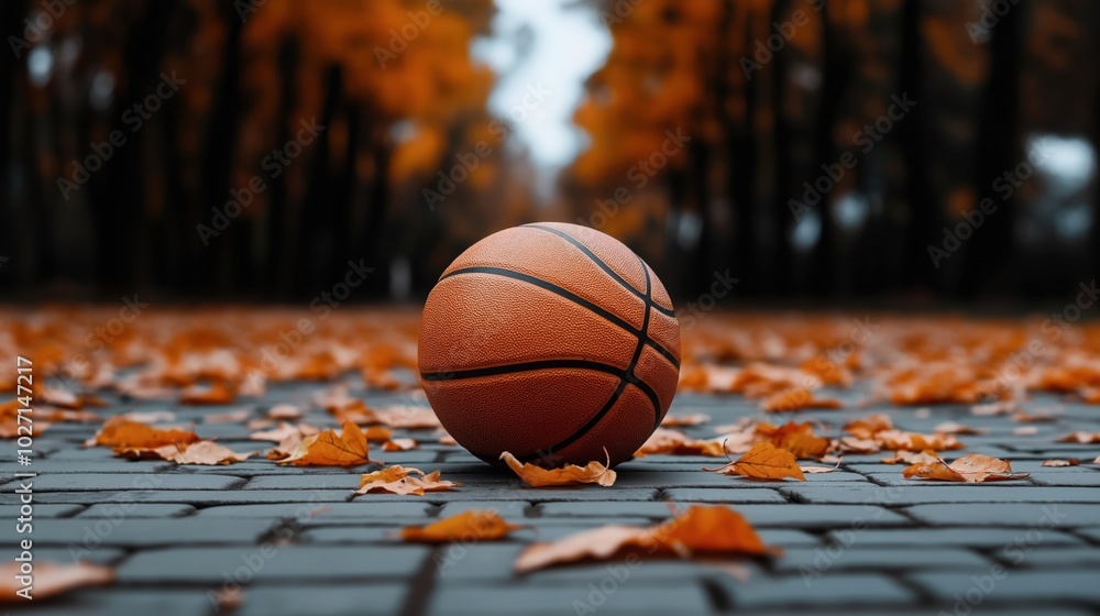 Basketball on a stone path covered with orange autumn leaves in a park with trees in the background during fall season. Basketball on a stone path covered with orange autumn leaves in a park with trees in the background during fall season.