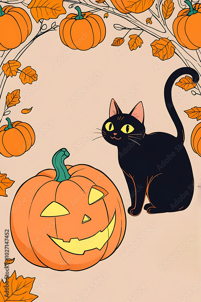 Black Cat and Jack-o'-Lantern Halloween Illustration: A cute black cat sits next to a carved pumpkin with a warm orange glow, surrounded by falling autumn leaves and pumpkins. Black Cat and Jack-o'-Lantern Halloween Illustration: A cute black cat sits next to a carved pumpkin with a warm orange glow, surrounded by falling autumn leaves and pumpkins.