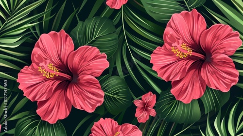 seamless pattern with hand-drawn compositions of tropical flowers