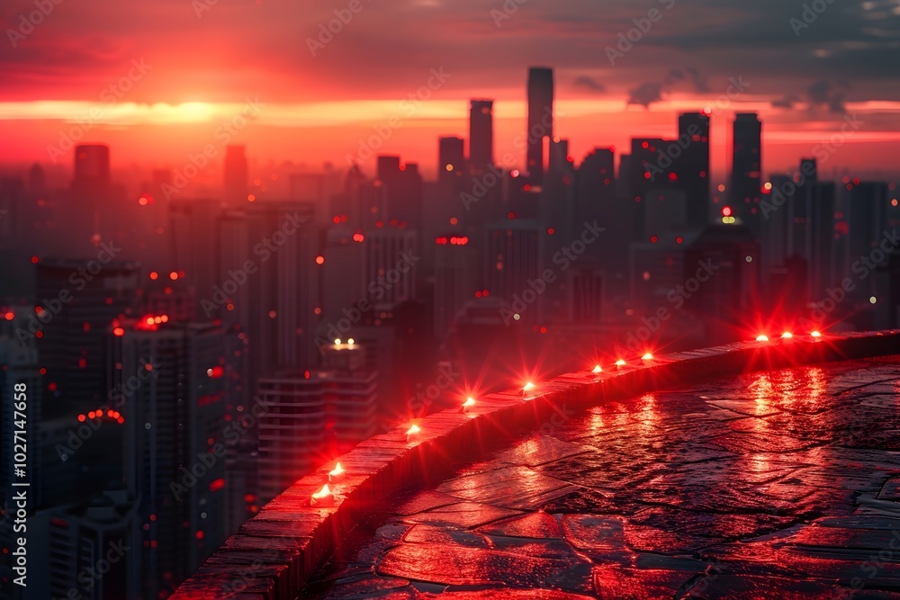 Cityscape Horizon at Twilight with Vibrant Red Skyline Amidst Modern Architecture Cityscape Horizon at Twilight with Vibrant Red Skyline Amidst Modern Architecture