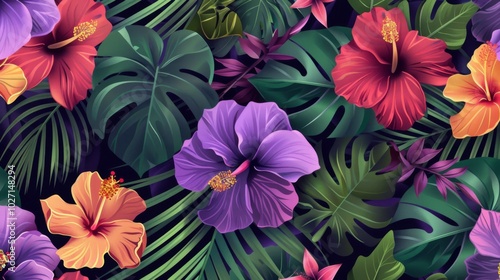 seamless pattern with hand-drawn compositions of tropical flowers
