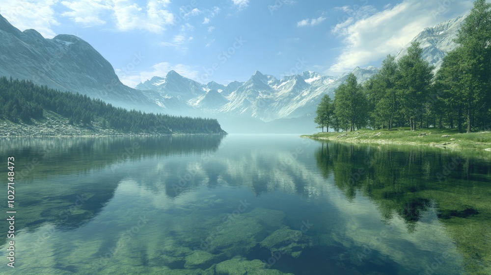 Naklejka premium A tranquil lake reflecting mountains and trees under a bright sky during early morning sunlight