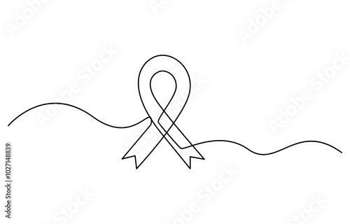 One line art of ribbon cancer as a border in continuous outline. Ribbon drawn in one continuous line. Pencil drawing style. National Breast Cancer Awareness month. One line drawing, minimalism. 
