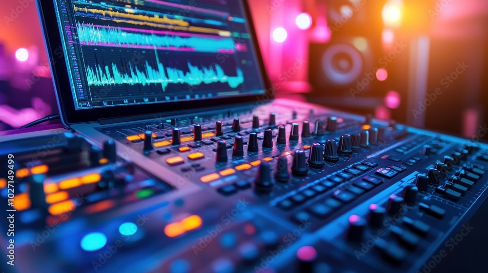 Control desk for a modern music recording studio featuring a laptop screen displaying the digital audio workstation software's user interface. Mixer, Professional Equipment, and Equalizer. Control desk for a modern music recording studio featuring a laptop screen displaying the digital audio workstation software's user interface. Mixer, Professional Equipment, and Equalizer.