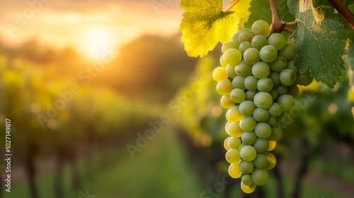 A Bunch of Green Grapes Hanging from a Vine at Sunset