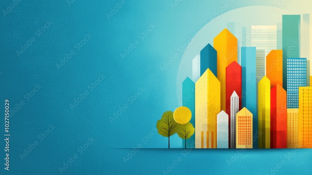 Fototapeta premium Architectural Abstraction: Bold Color Block Cityscape of Modern Buildings with Copy Space for Text,3D illustration