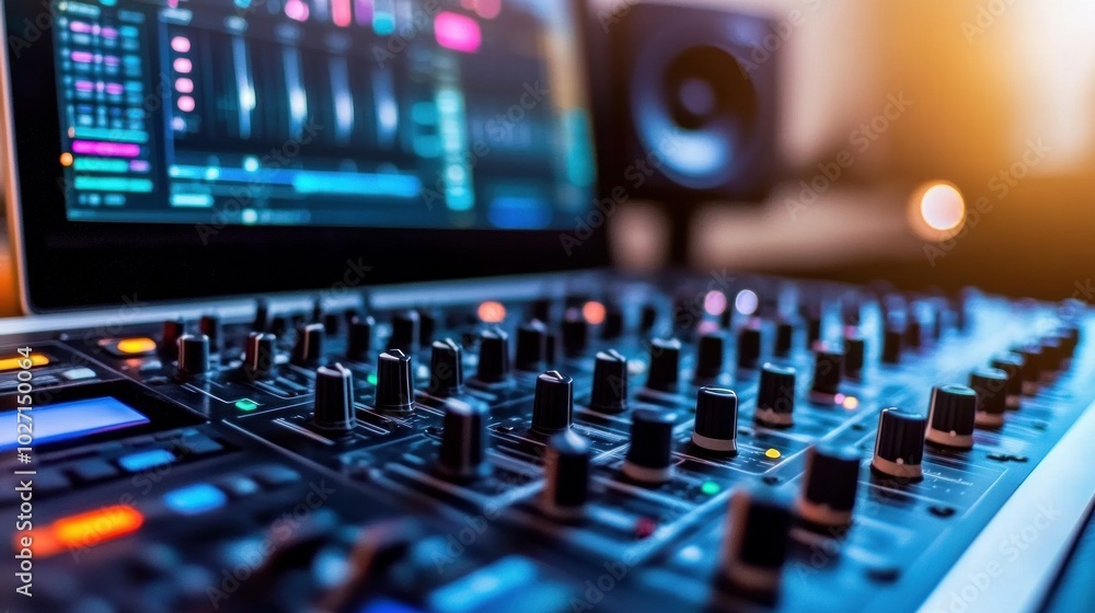 Control desk for a modern music recording studio featuring a laptop screen displaying the digital audio workstation software's user interface. Mixer, Professional Equipment, and Equalizer. Control desk for a modern music recording studio featuring a laptop screen displaying the digital audio workstation software's user interface. Mixer, Professional Equipment, and Equalizer.