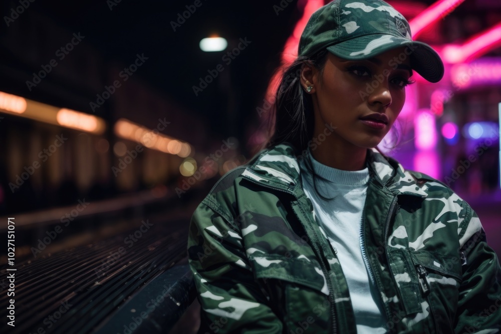 A young beautiful woman wearing a jacket with a neon light on a city street A young beautiful woman wearing a jacket with a neon light on a city street