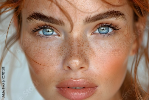 Close-Up of Natural Beauty with Freckles and Bright Eyes for Skincare and Makeup Inspiration