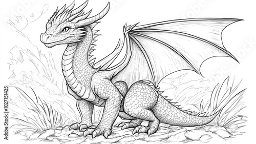 A detailed illustration of a majestic dragon resting on rocky terrain in a mythical landscape photo