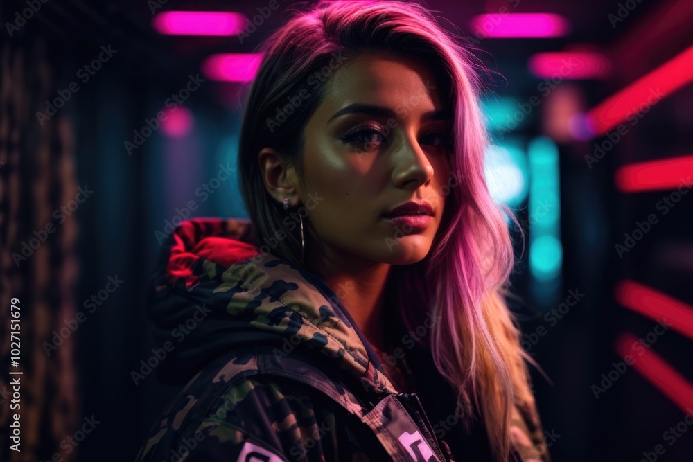 A young beautiful woman wearing a jacket with a neon light on a city street A young beautiful woman wearing a jacket with a neon light on a city street