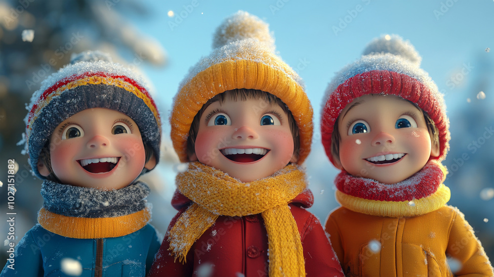 Fototapeta premium Happy children in winter hats laughing and enjoying the snow