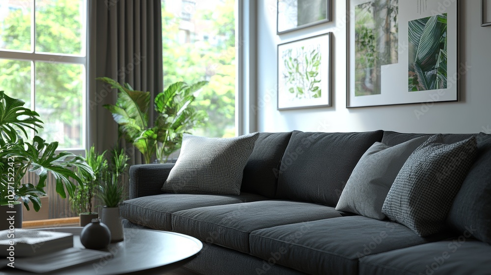 Modern living room interior with a gray sofa, coffee table, plants and framed artwork. Modern living room interior with a gray sofa, coffee table, plants and framed artwork.