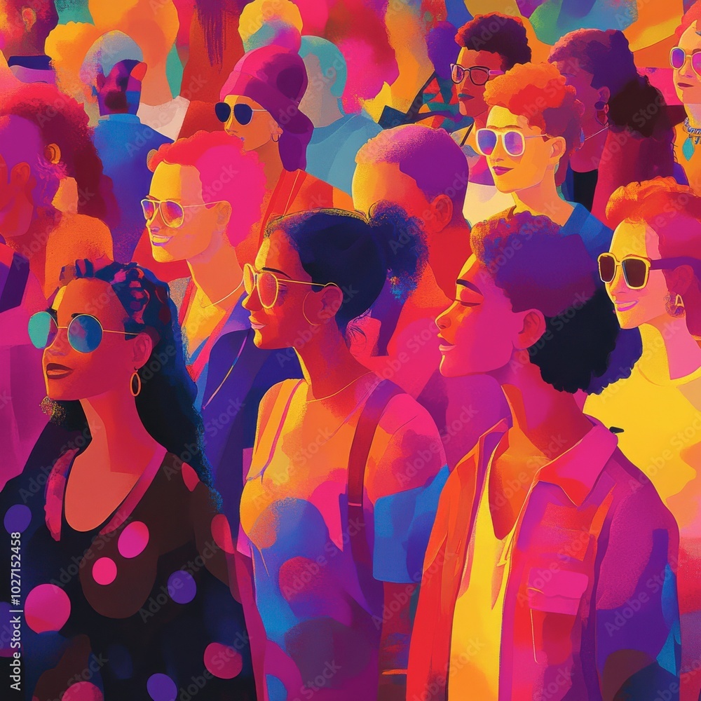 Vibrant crowd of diverse people wearing sunglasses at a lively outdoor event during the daytime Vibrant crowd of diverse people wearing sunglasses at a lively outdoor event during the daytime