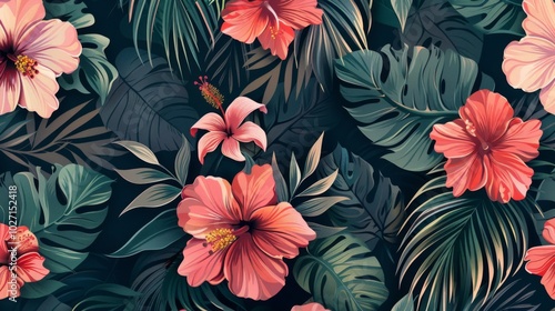 seamless pattern with hand-drawn compositions of tropical flowers