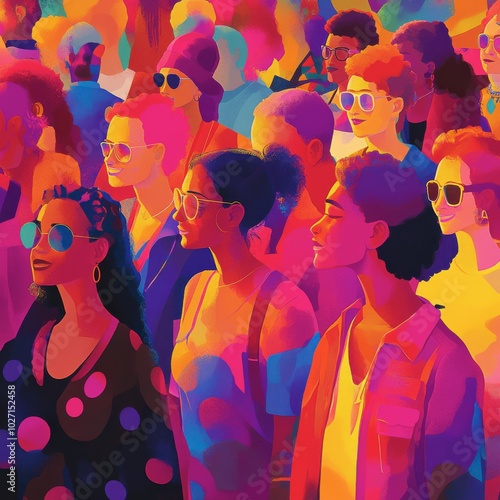 Vibrant crowd of diverse people wearing sunglasses at a lively outdoor event during the daytime