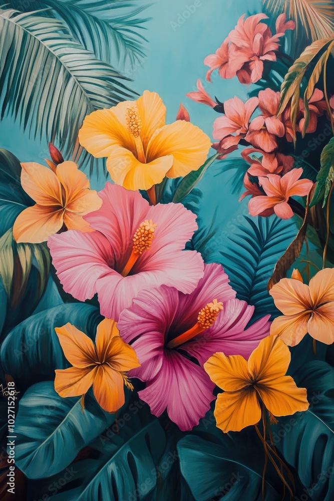 Tropical Flowers and Palm Leaves Tropical Flowers and Palm Leaves