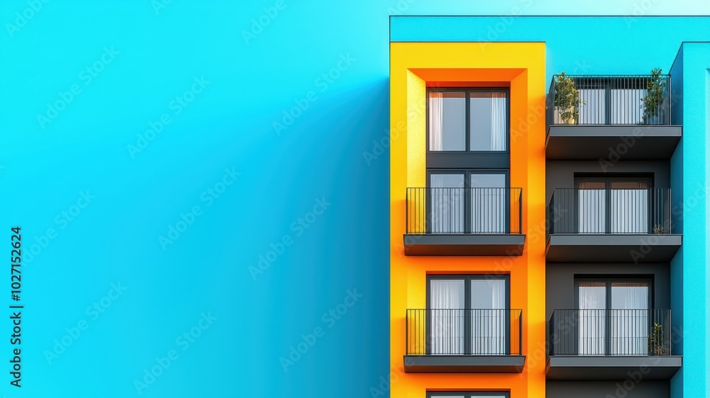 Naklejka premium Vibrant Color Block Design: Modern Architectural Facade with Clean Lines and Copy Space for Text,3D illustration