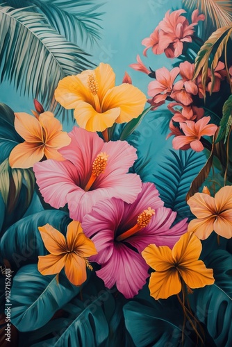 Wallpaper Mural Tropical Flowers and Palm Leaves Torontodigital.ca