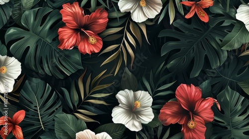 seamless pattern with hand-drawn compositions of tropical flowers