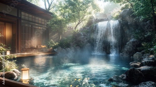 Fototapeta Naklejka Na Ścianę i Meble -  A traditional Japanese hot spring bath with a wooden deck and a waterfall in the background.