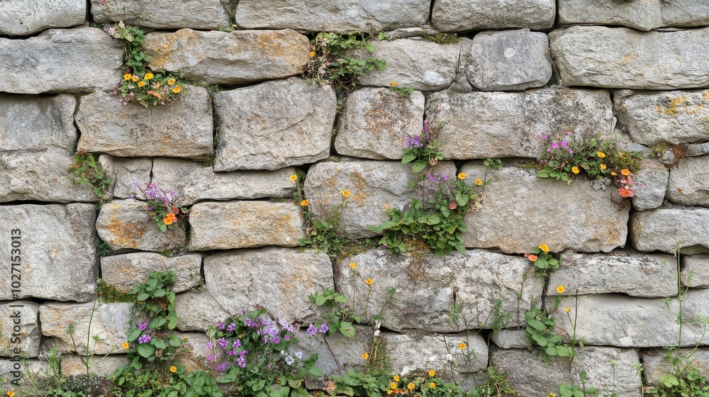 Stone Wall with Wildflowers Growing Through Cracks Stone Wall with Wildflowers Growing Through Cracks