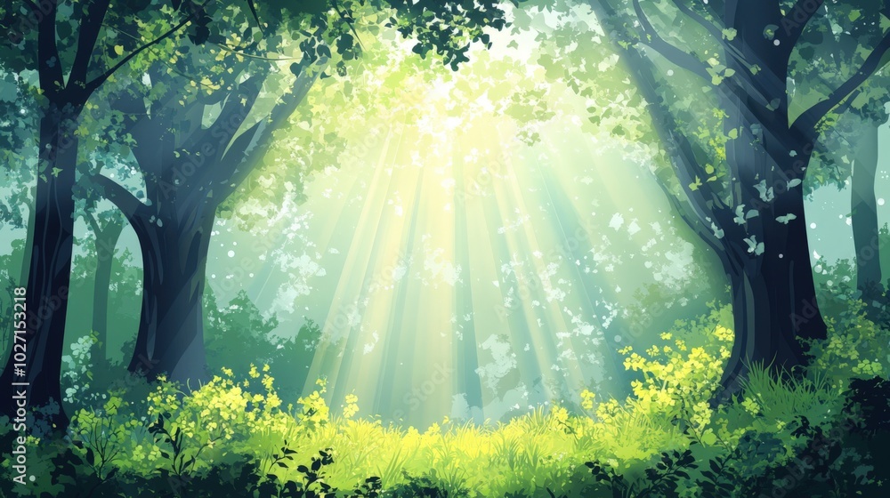 Illustration of Sunbeams Shining Through Lush Green Forest Canopy
Illustration of Sunbeams Shining Through Lush Green Forest Canopy