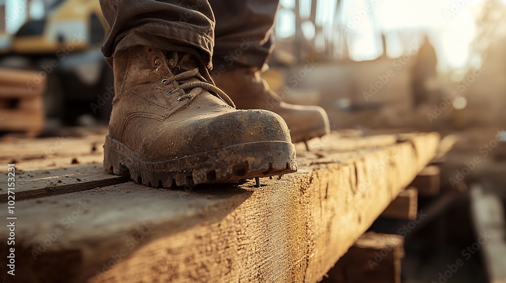 Close-up of construction worker shoes standing on wooden planks in construction area Close-up of construction worker shoes standing on wooden planks in construction area