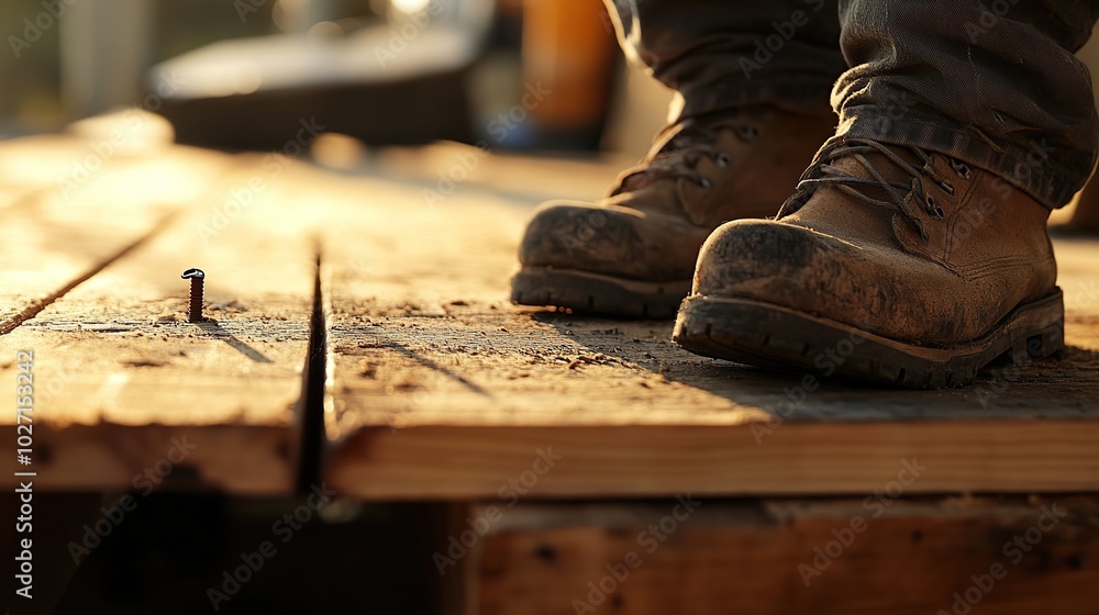 Close-up of construction worker shoes standing on wooden planks in construction area Close-up of construction worker shoes standing on wooden planks in construction area