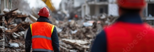 Construction workers, donned in safety helmets and vests, are actively navigating a chaotic scene filled with rubble, embodying dedication and resilience in disaster recovery. photo