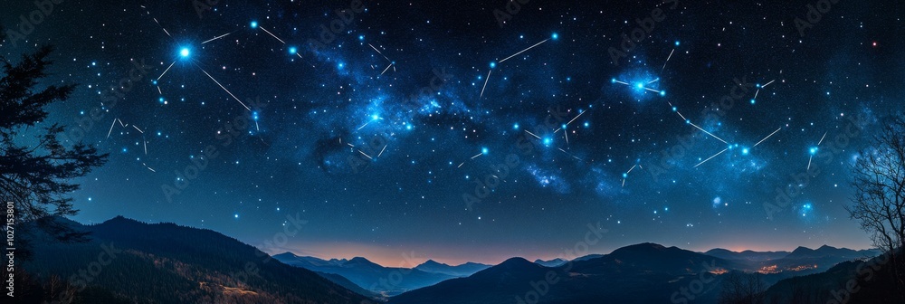 A constellation of ancient stars glows brightly in the night sky, each star a beacon of light against the inky blackness A constellation of ancient stars glows brightly in the night sky, each star a beacon of light against the inky blackness