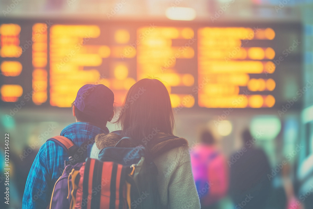 Older couples wearing backpacks, standing together and smiling, with a blurred flight schedules board in the background, with copy space. Bright, soft lighting. Airport terminal background. Older couples wearing backpacks, standing together and smiling, with a blurred flight schedules board in the background, with copy space. Bright, soft lighting. Airport terminal background.