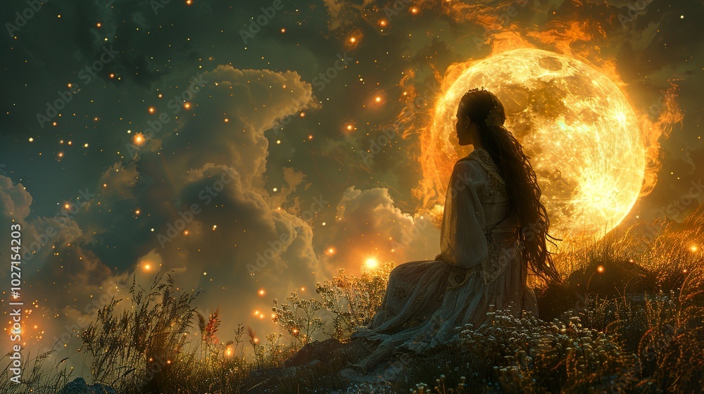 Mystical Woman Contemplating the Flaming Moon Mystical Woman Contemplating the Flaming Moon