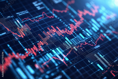 A 3D analysis scene featuring dynamic business and financial charts, showcasing stock trends and data visualization, with copy space. Bright, analytical lighting. Abstract financial background. 