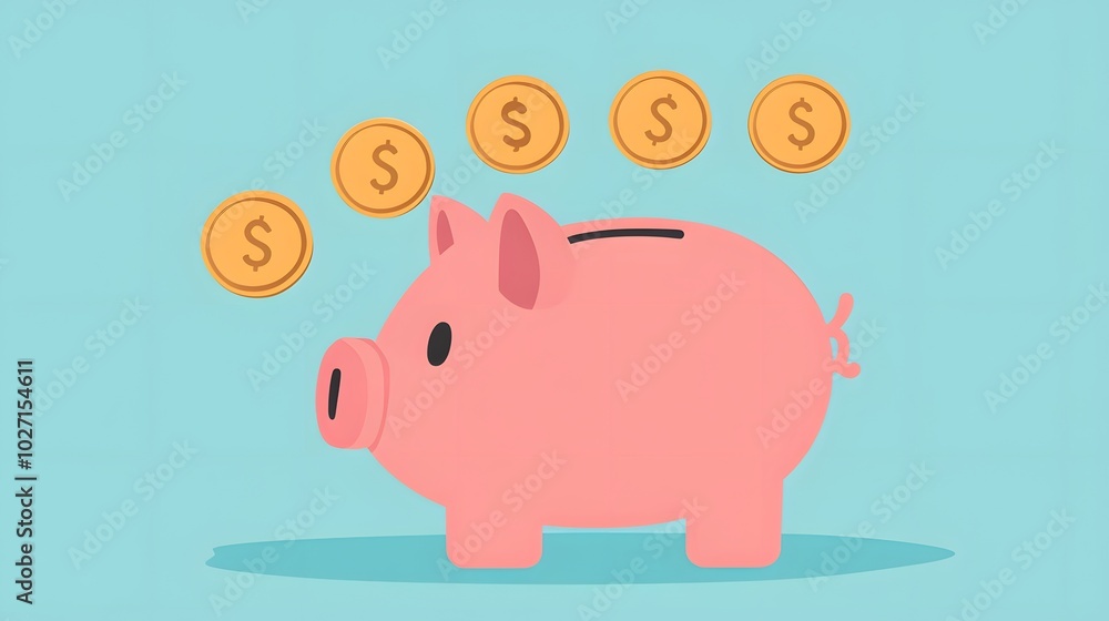 Obraz premium Pink Piggy Bank with Dollar Coins Falling into Slot