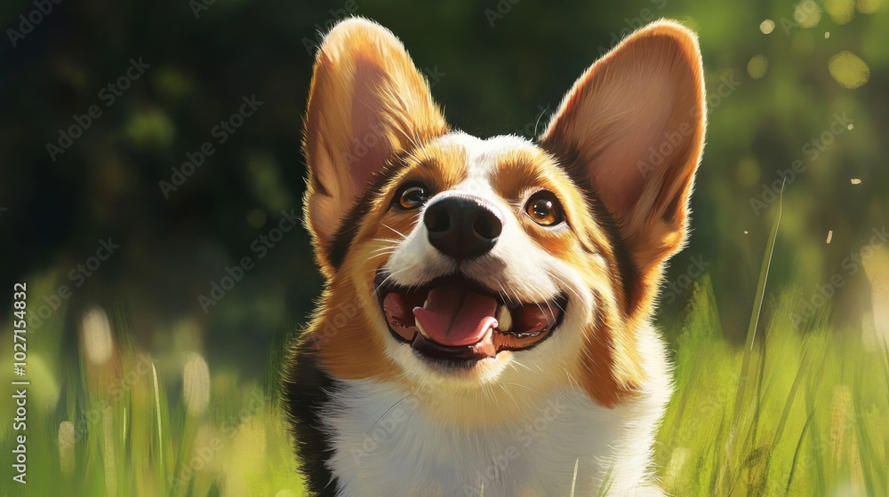 Happy corgi enjoying a sunny day in a green park, with ears perked up and a joyful expression Happy corgi enjoying a sunny day in a green park, with ears perked up and a joyful expression