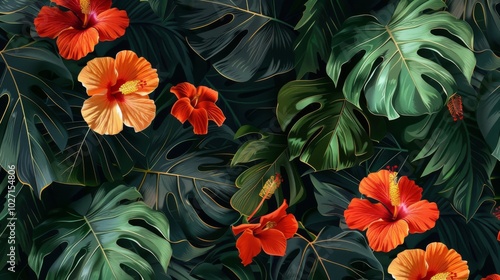 seamless pattern with hand-drawn compositions of tropical flowers