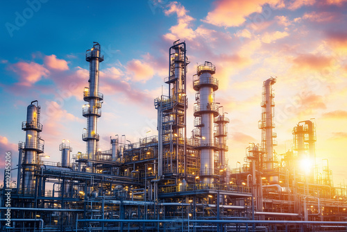 Wallpaper Mural Large oil and gas refinery structures with pipelines and storage tanks, with workers in safety gear, with copy space. Industrial lighting. Expansive energy facility background. Torontodigital.ca