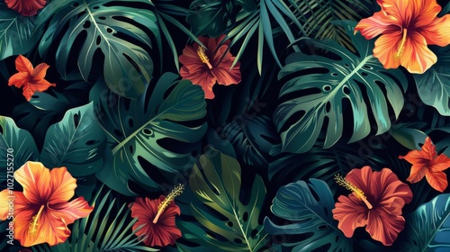 seamless pattern with hand-drawn compositions of tropical flowers