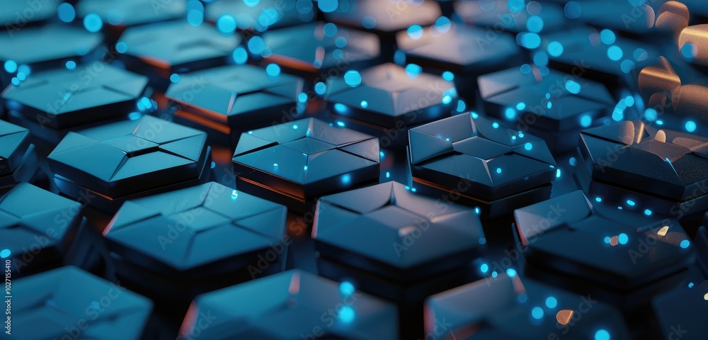 Blue Glowing Hexagons in Digital Landscape Blue Glowing Hexagons in Digital Landscape