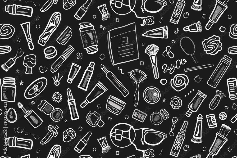 Hand-drawn seamless pattern of various everyday objects on black background. Hand-drawn seamless pattern of various everyday objects on black background.
