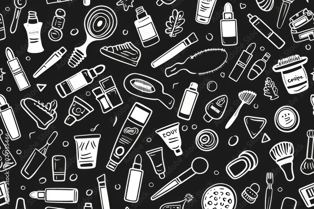 Hand-drawn seamless pattern of various everyday objects on black background. Hand-drawn seamless pattern of various everyday objects on black background.