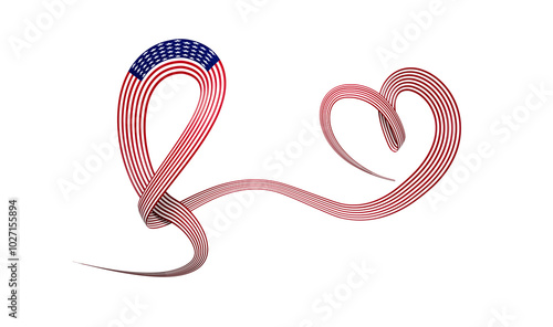 3d Flag Of USA Heart Shaped Shiny Wavy Awareness Ribbon flag On White Background 3d illustration 