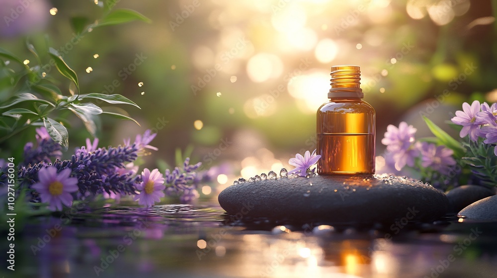 Amber glass bottle of essential oil on stones in a stream of water with lavender flowers and sunlight. Amber glass bottle of essential oil on stones in a stream of water with lavender flowers and sunlight.