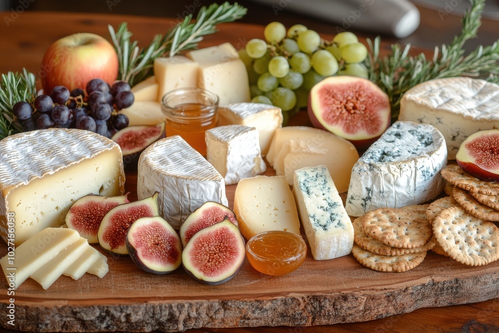 A wooden tray with a variety of cheeses and fruits, including apples, grapes A wooden tray with a variety of cheeses and fruits, including apples, grapes