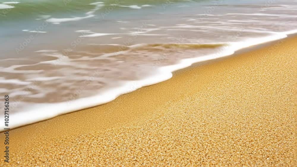 Serene golden beach gentle waves at sunset Serene golden beach gentle waves at sunset