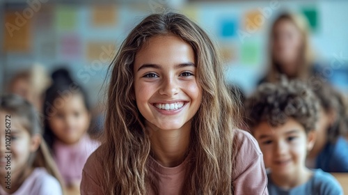 A girl with long hair is smiling at the camera