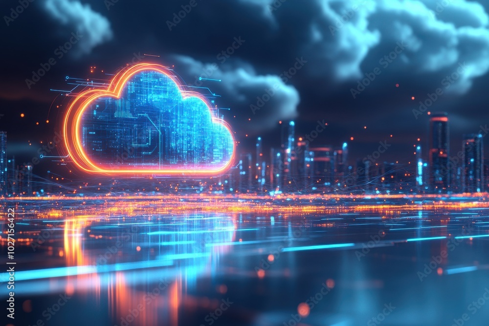 A computer generated image of a cloud with a city in the background A computer generated image of a cloud with a city in the background