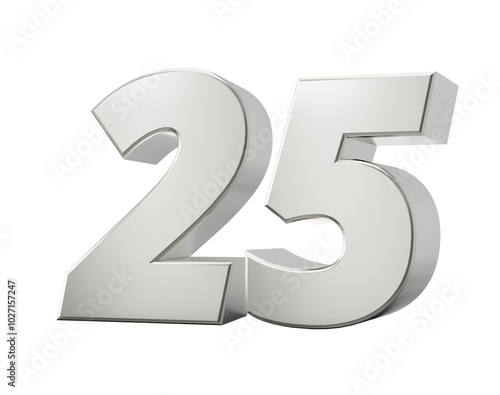 Silver 3d numbers 25 Twenty Five. Isolated white background 3d illustration 