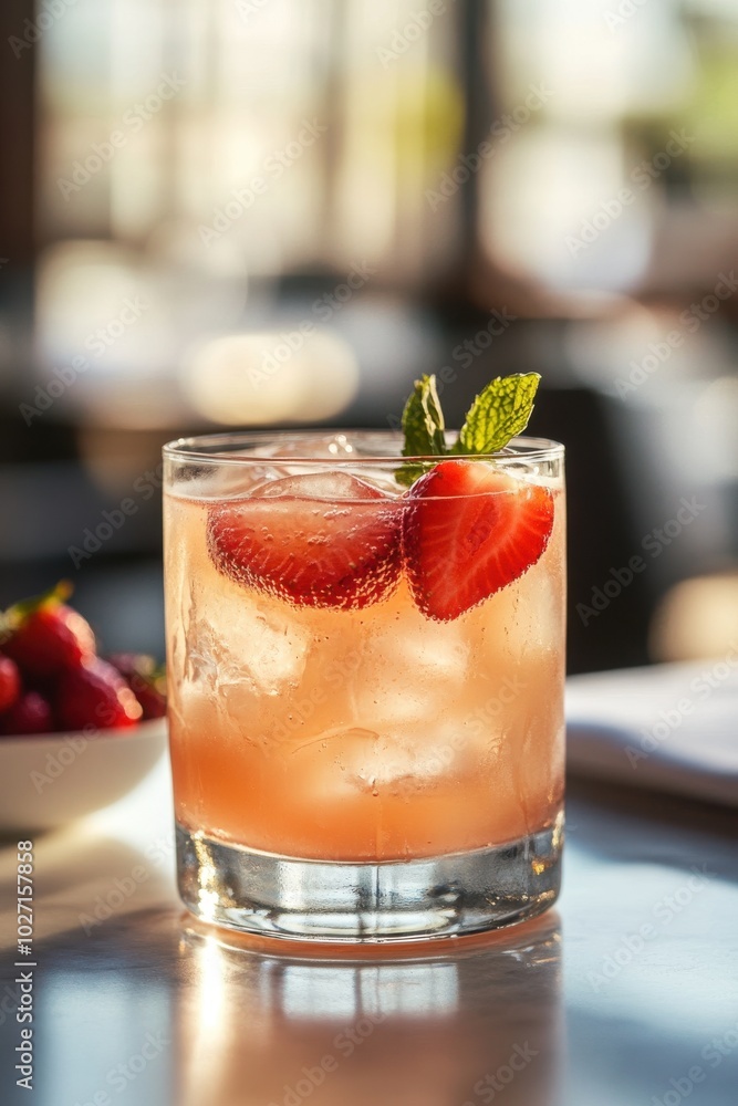A glass of pink drink with a strawberry on top A glass of pink drink with a strawberry on top